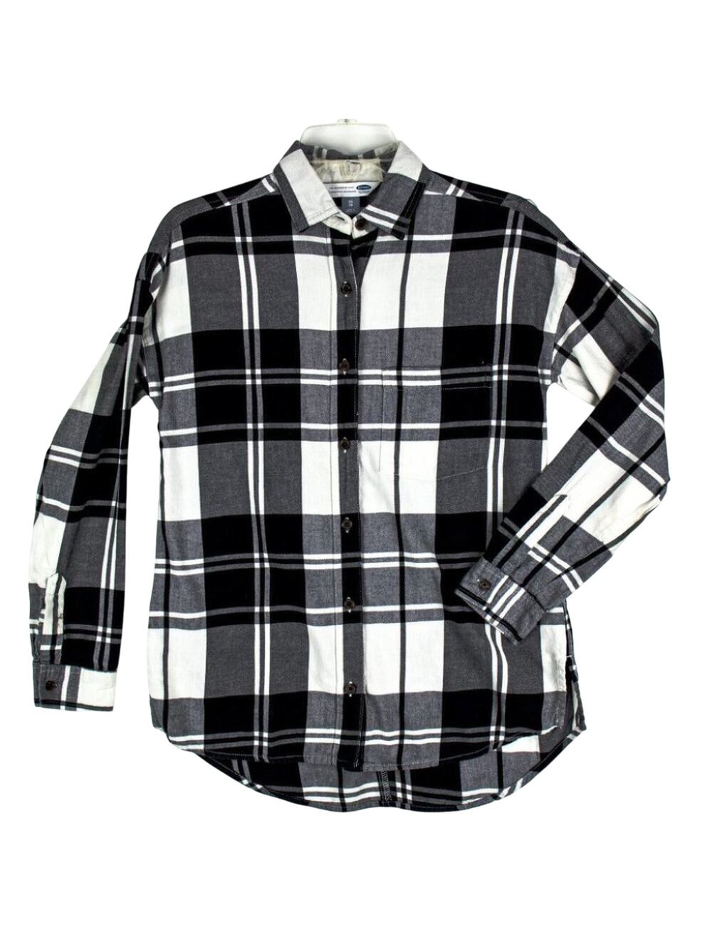 Old Navy Flannel Top Woman's Size XS Black White Plaid Boyfriend 100% Cotton